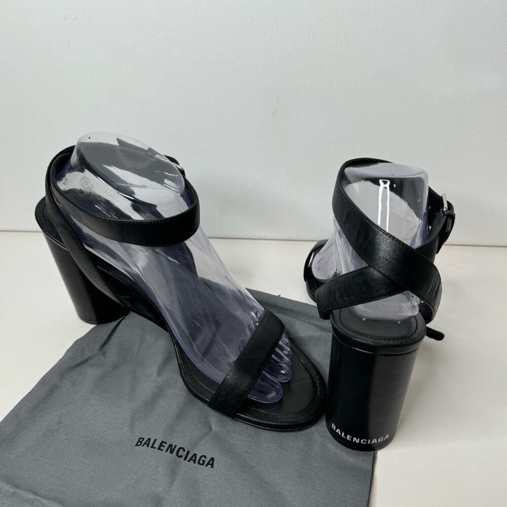 Balenciaga heeled sandals strappy black open toe wedge block heel logo size 41